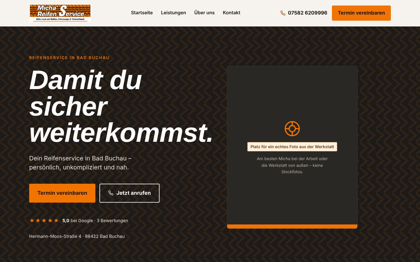 Desktop-Startseite von Micha's Reifen-Service mit Überschrift Damit du sicher weiterkommst und orangem Button Termin vereinbaren