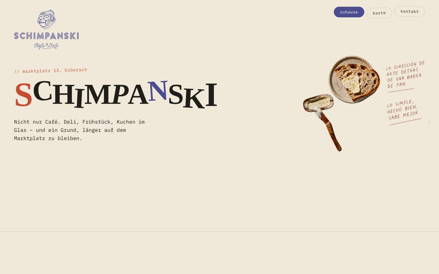Desktop-Startseite von Schimpanski Café Deli mit großem Schriftzug, Logo und einem Foto von Brot und Butter