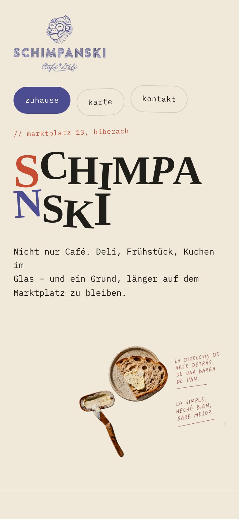 Mobile Startseite von Schimpanski Café Deli mit verspieltem Schriftzug in Rot, Blau und Schwarz